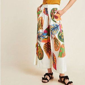 Farm Rio Wide Leg Pants Womens Small Cream Orange Palm Leaf Print High Rise Boho